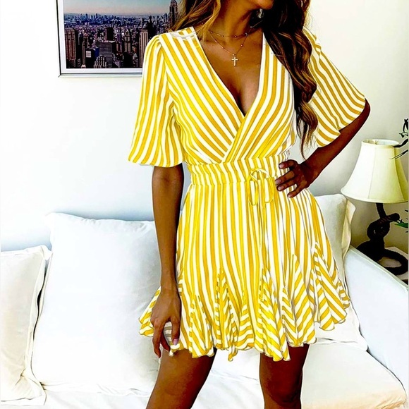 MINI DRESS: Yellow & White V Neck Striped Mini Dress w/Wrap & Ruffle Hem, NWOT - Picture 2 of 16